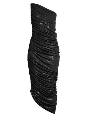 Black Ruched Strapless Midi Dress | Liquid Leather Look | Statement Bodycon Dres
